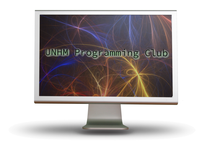 A picture of a computer with a colorful screen, with 'UNHM Programming Club on it'