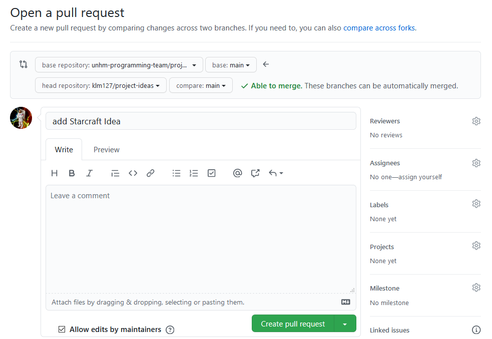 Screen of GitHub Pull Request Title/Comments