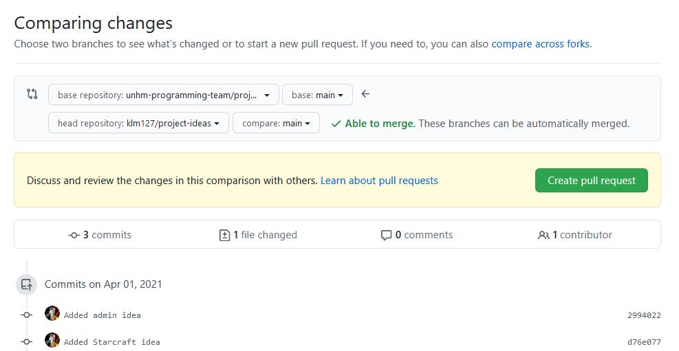 Screen of GitHub Create Pull Request