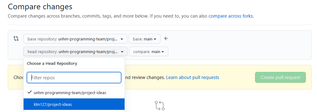 Screen of GitHub Select Head Dropdown