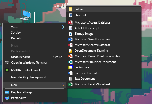 Screen of New Folder command