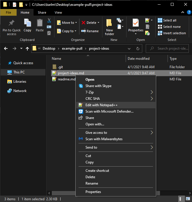 Screen of context menu on a file