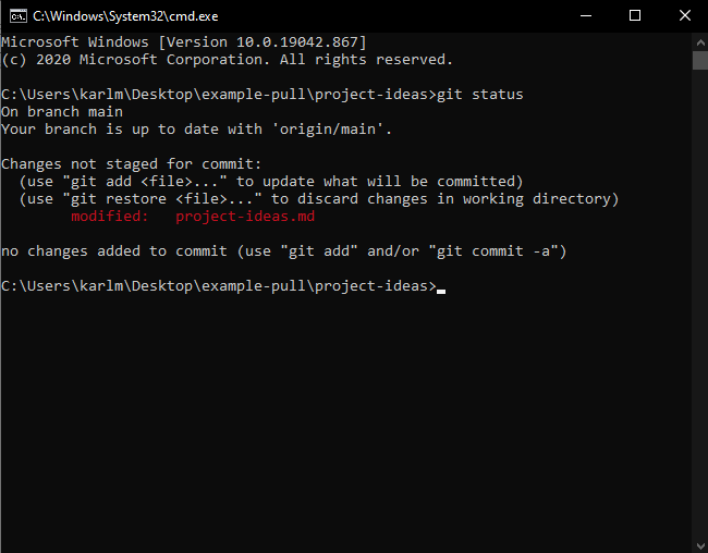 Screen of Windows CLI after git status command executed