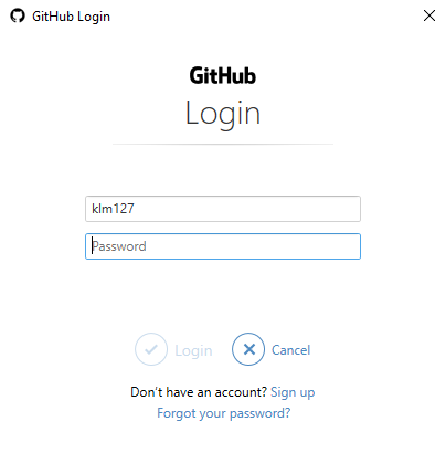 Screen of Git GUI asking for GitHub login